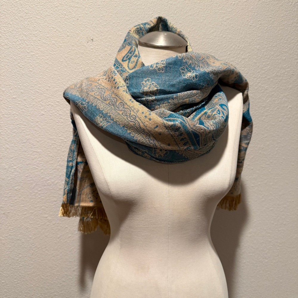 Turquoise Blue and Gold Paisley Pashmina Shawl Fringe Wrap Scarf